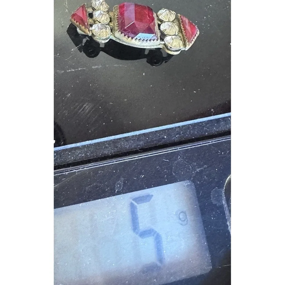 Antique Art Deco Red‎ Glass Clear Rhinestones Silvered Brass Bar Brooch Pin